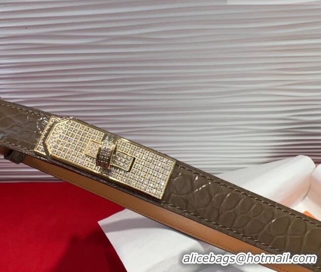 Grade Design Hermes Kelly Duo Belt 1.8cm in Crocodile Embossed Calfskin with Gold Strass Paved Buckle H2011025 Grey 2025