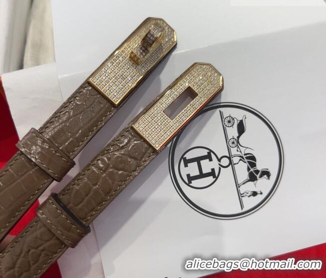 Grade Design Hermes Kelly Duo Belt 1.8cm in Crocodile Embossed Calfskin with Gold Strass Paved Buckle H2011025 Grey 2025