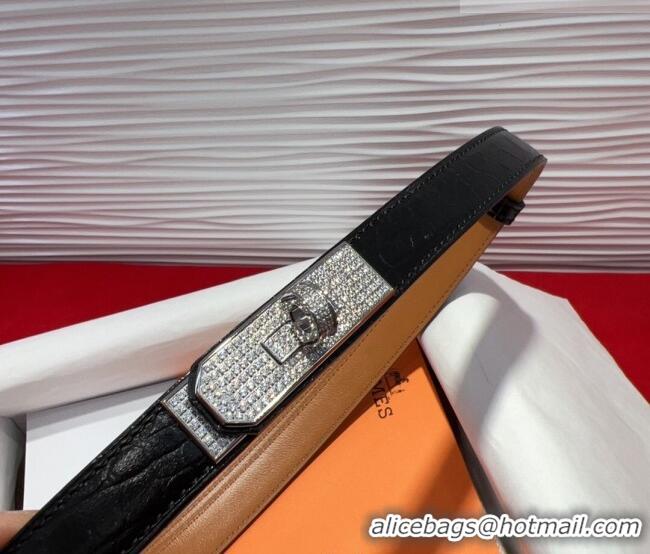 Top Quality Hermes Kelly Duo Belt 1.8cm in Crocodile Embossed Calfskin with Silver Strass Paved Buckle H2011025 Black 20
