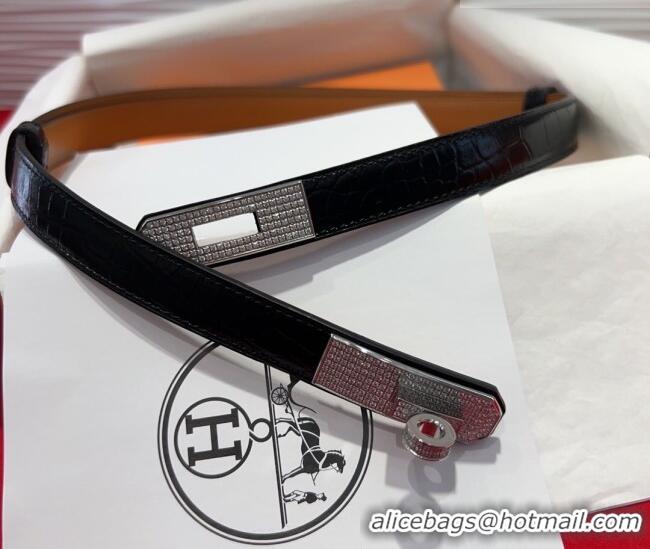 Top Quality Hermes Kelly Duo Belt 1.8cm in Crocodile Embossed Calfskin with Silver Strass Paved Buckle H2011025 Black 20