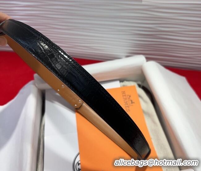 Top Quality Hermes Kelly Duo Belt 1.8cm in Crocodile Embossed Calfskin with Silver Strass Paved Buckle H2011025 Black 20