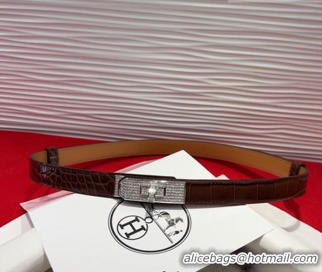 Top Quality Hermes Kelly Duo Belt 1.8cm in Crocodile Embossed Calfskin with Silver Strass Paved Buckle H2011025 Black 20