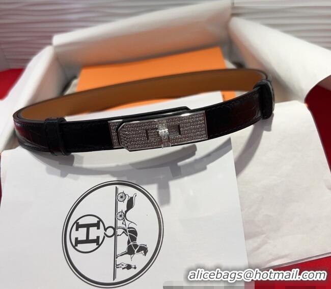 Top Quality Hermes Kelly Duo Belt 1.8cm in Crocodile Embossed Calfskin with Silver Strass Paved Buckle H2011025 Black 20
