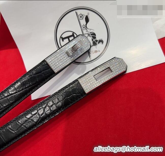 Top Quality Hermes Kelly Duo Belt 1.8cm in Crocodile Embossed Calfskin with Silver Strass Paved Buckle H2011025 Black 20