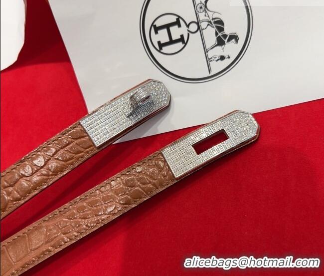Best Quality Hermes Kelly Duo Belt 1.8cm in Crocodile Embossed Calfskin with Silver Strass Paved Buckle H2011025 Brown 2