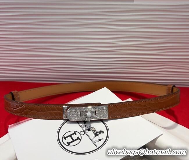 Best Quality Hermes Kelly Duo Belt 1.8cm in Crocodile Embossed Calfskin with Silver Strass Paved Buckle H2011025 Brown 2