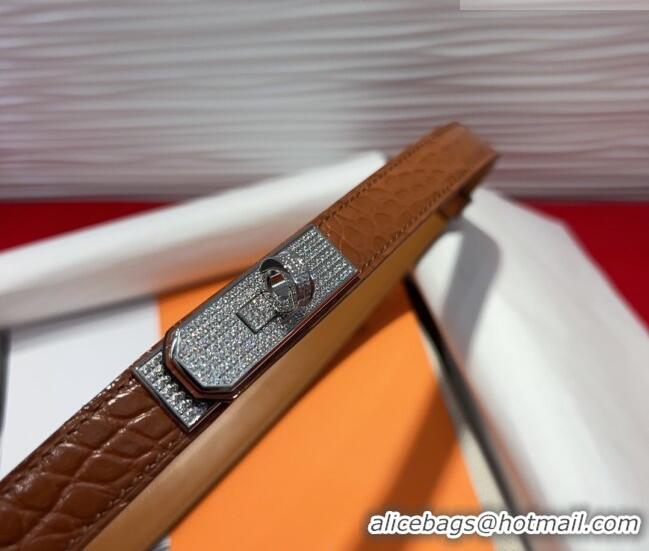 Best Quality Hermes Kelly Duo Belt 1.8cm in Crocodile Embossed Calfskin with Silver Strass Paved Buckle H2011025 Brown 2