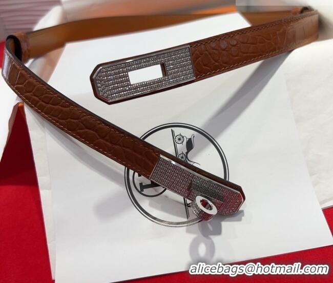 Best Quality Hermes Kelly Duo Belt 1.8cm in Crocodile Embossed Calfskin with Silver Strass Paved Buckle H2011025 Brown 2