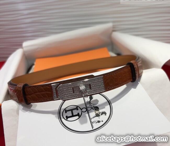 Best Quality Hermes Kelly Duo Belt 1.8cm in Crocodile Embossed Calfskin with Silver Strass Paved Buckle H2011025 Brown 2