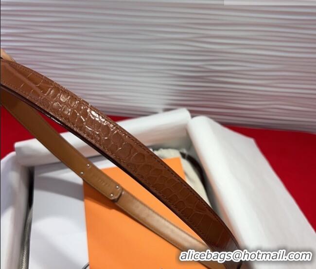 Best Quality Hermes Kelly Duo Belt 1.8cm in Crocodile Embossed Calfskin with Silver Strass Paved Buckle H2011025 Brown 2