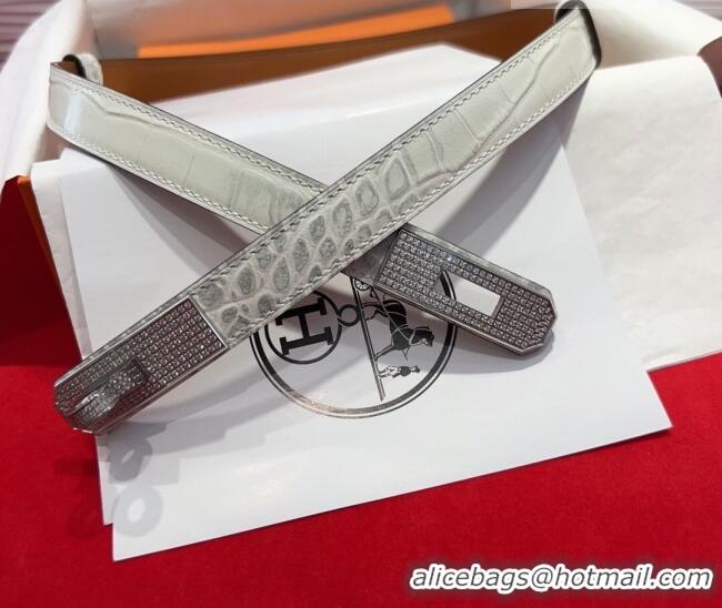 Big Discount Hermes Kelly Duo Belt 1.8cm in Crocodile Embossed Calfskin with Silver Strass Paved Buckle H2011025 White 2