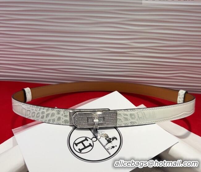 Big Discount Hermes Kelly Duo Belt 1.8cm in Crocodile Embossed Calfskin with Silver Strass Paved Buckle H2011025 White 2