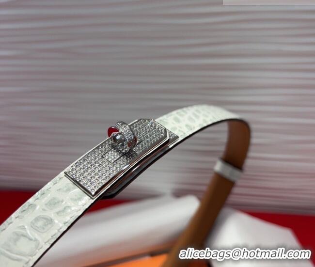 Big Discount Hermes Kelly Duo Belt 1.8cm in Crocodile Embossed Calfskin with Silver Strass Paved Buckle H2011025 White 2