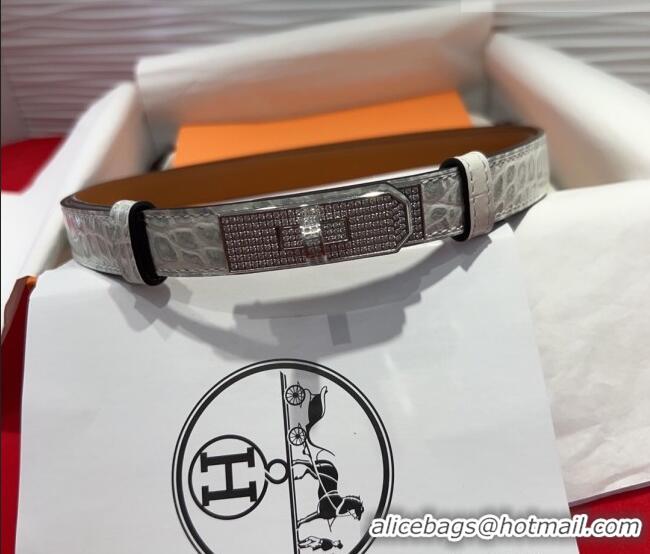 Big Discount Hermes Kelly Duo Belt 1.8cm in Crocodile Embossed Calfskin with Silver Strass Paved Buckle H2011025 White 2