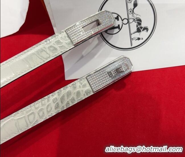 Big Discount Hermes Kelly Duo Belt 1.8cm in Crocodile Embossed Calfskin with Silver Strass Paved Buckle H2011025 White 2