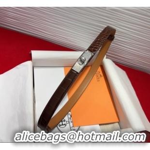 Best Product Hermes Kelly Duo Belt 1.8cm in Crocodile Embossed Calfskin with Silver Strass Paved Buckle H2011025 Dark Br