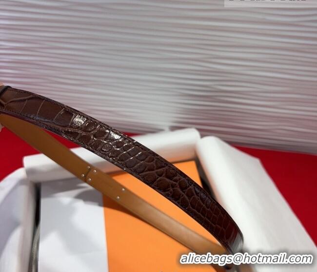 Best Product Hermes Kelly Duo Belt 1.8cm in Crocodile Embossed Calfskin with Silver Strass Paved Buckle H2011025 Dark Br