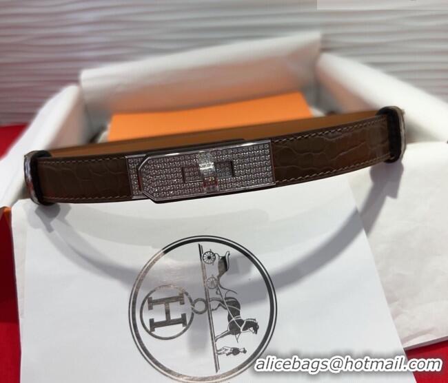 Best Product Hermes Kelly Duo Belt 1.8cm in Crocodile Embossed Calfskin with Silver Strass Paved Buckle H2011025 Dark Br