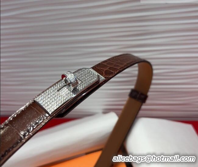 Best Product Hermes Kelly Duo Belt 1.8cm in Crocodile Embossed Calfskin with Silver Strass Paved Buckle H2011025 Dark Br