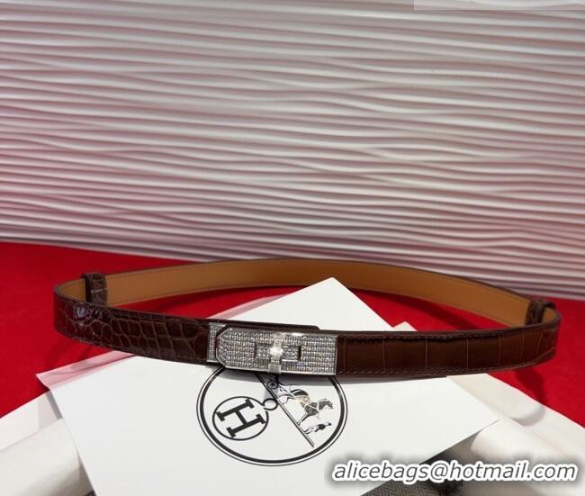 Best Product Hermes Kelly Duo Belt 1.8cm in Crocodile Embossed Calfskin with Silver Strass Paved Buckle H2011025 Dark Br