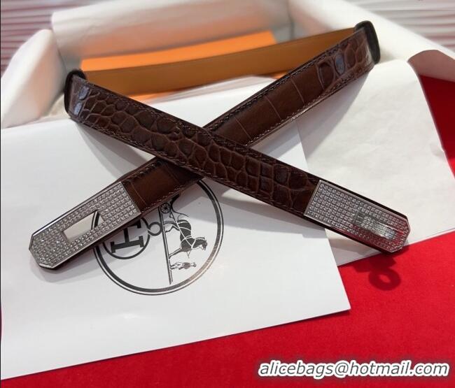 Best Product Hermes Kelly Duo Belt 1.8cm in Crocodile Embossed Calfskin with Silver Strass Paved Buckle H2011025 Dark Br