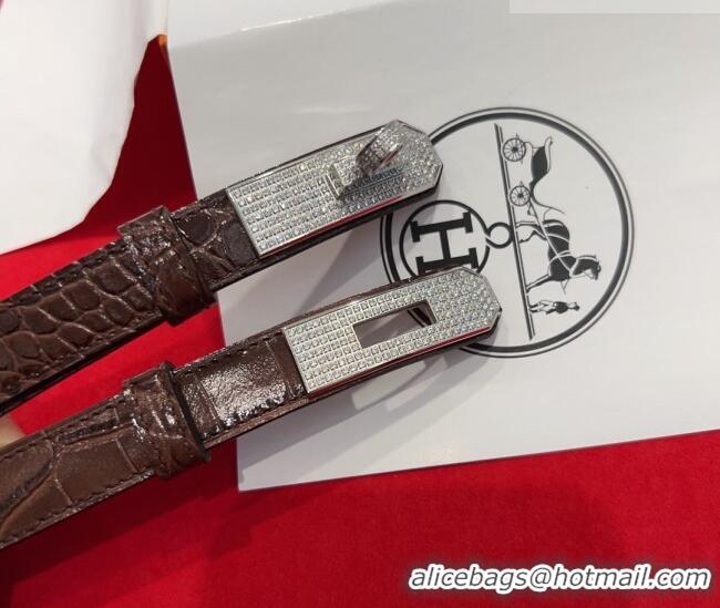 Best Product Hermes Kelly Duo Belt 1.8cm in Crocodile Embossed Calfskin with Silver Strass Paved Buckle H2011025 Dark Br