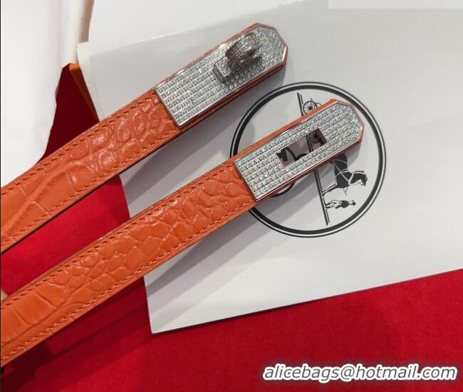 Discount Hermes Kelly Duo Belt 1.8cm in Crocodile Embossed Calfskin with Silver Strass Paved Buckle H2011025 Orange 2025