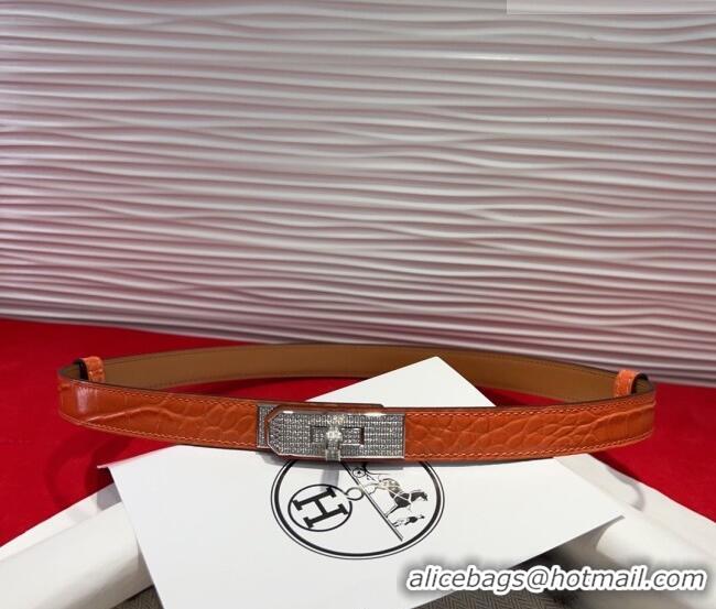 Discount Hermes Kelly Duo Belt 1.8cm in Crocodile Embossed Calfskin with Silver Strass Paved Buckle H2011025 Orange 2025