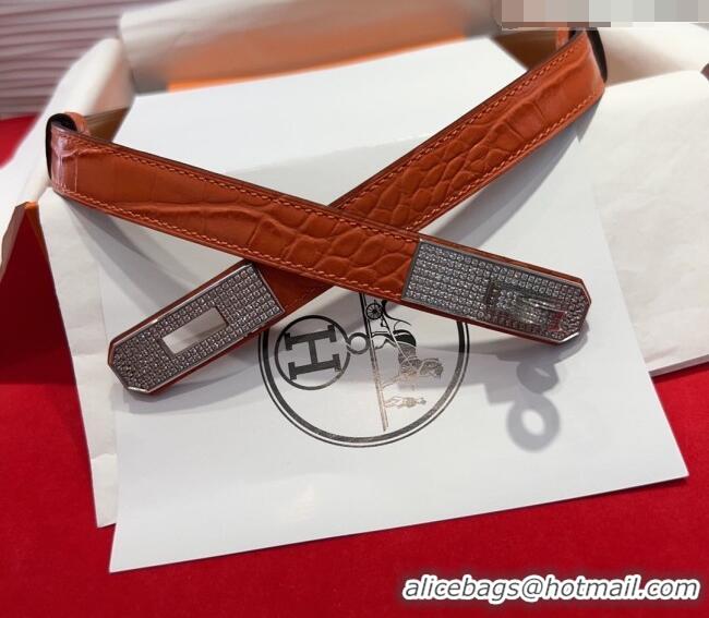 Discount Hermes Kelly Duo Belt 1.8cm in Crocodile Embossed Calfskin with Silver Strass Paved Buckle H2011025 Orange 2025