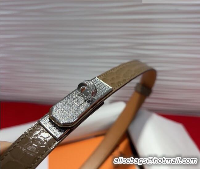 Top Quality Hermes Kelly Duo Belt 1.8cm in Crocodile Embossed Calfskin with Silver Strass Paved Buckle H2011025 Grey 202