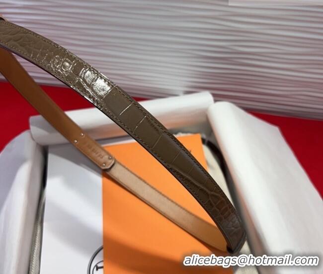 Top Quality Hermes Kelly Duo Belt 1.8cm in Crocodile Embossed Calfskin with Silver Strass Paved Buckle H2011025 Grey 202