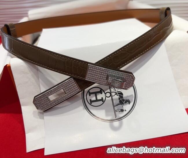 Top Quality Hermes Kelly Duo Belt 1.8cm in Crocodile Embossed Calfskin with Silver Strass Paved Buckle H2011025 Grey 202