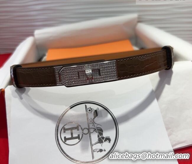 Top Quality Hermes Kelly Duo Belt 1.8cm in Crocodile Embossed Calfskin with Silver Strass Paved Buckle H2011025 Grey 202