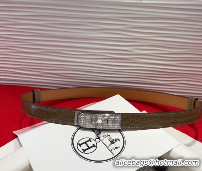 Top Quality Hermes Kelly Duo Belt 1.8cm in Crocodile Embossed Calfskin with Silver Strass Paved Buckle H2011025 Grey 202