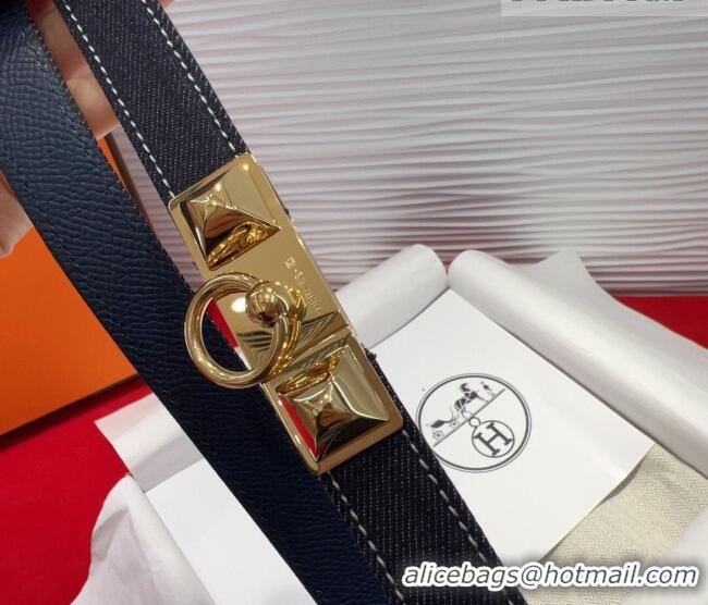 Promotional Hermes Rivale Denim Belt 1.8cm with Two Medor and Ring Buckle 8190 Dark Blue/Gold 2025