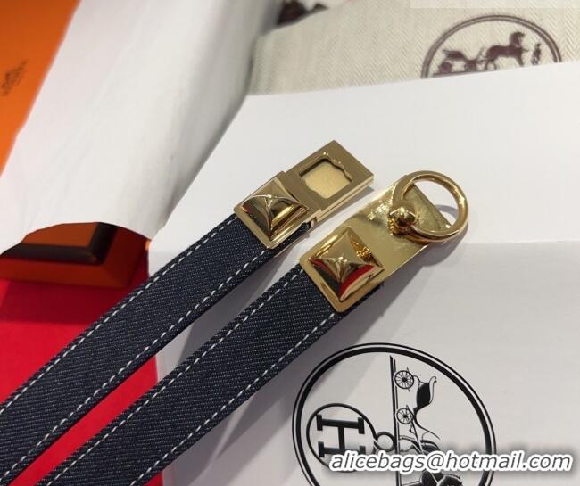 Promotional Hermes Rivale Denim Belt 1.8cm with Two Medor and Ring Buckle 8190 Dark Blue/Gold 2025