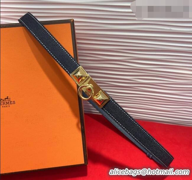 Promotional Hermes Rivale Denim Belt 1.8cm with Two Medor and Ring Buckle 8190 Dark Blue/Gold 2025