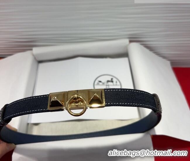 Promotional Hermes Rivale Denim Belt 1.8cm with Two Medor and Ring Buckle 8190 Dark Blue/Gold 2025