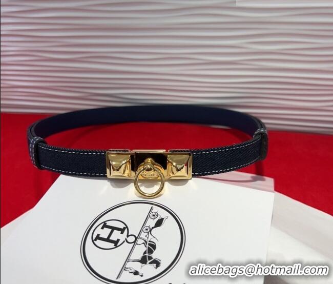 Promotional Hermes Rivale Denim Belt 1.8cm with Two Medor and Ring Buckle 8190 Dark Blue/Gold 2025