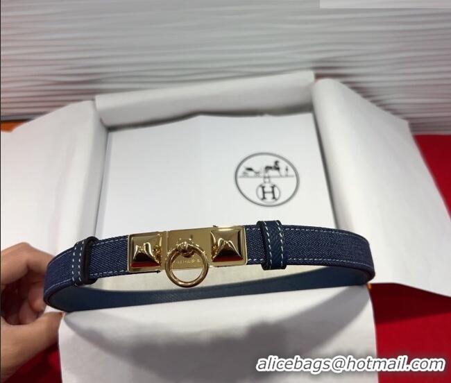 Best Quality Hermes Rivale Denim Belt 1.8cm with Two Medor and Ring Buckle 8190 Navy Blue/Gold 2025