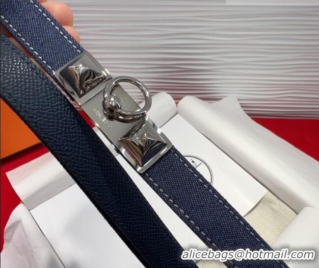 Modern Classic Hermes Rivale Denim Belt 1.8cm with Two Medor and Ring Buckle 8190 Navy Blue/Silver 2025