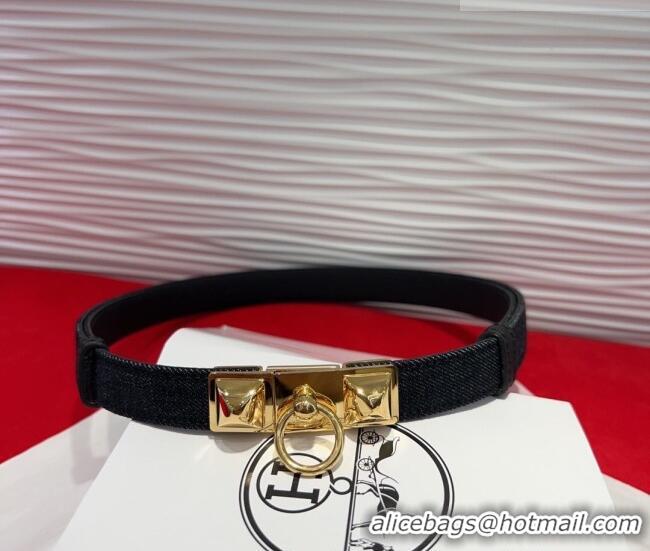 Luxury Cheap Hermes Rivale Denim Belt 1.8cm with Two Medor and Ring Buckle 8190 Black/Gold 2025