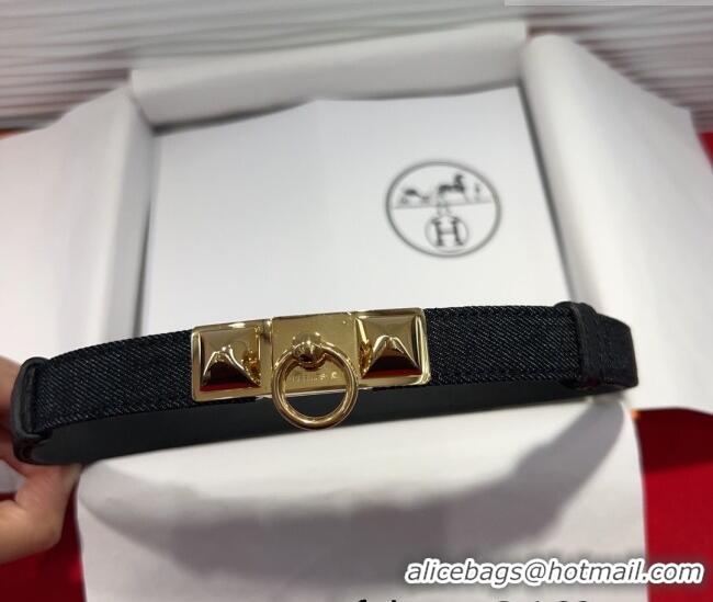 Luxury Cheap Hermes Rivale Denim Belt 1.8cm with Two Medor and Ring Buckle 8190 Black/Gold 2025