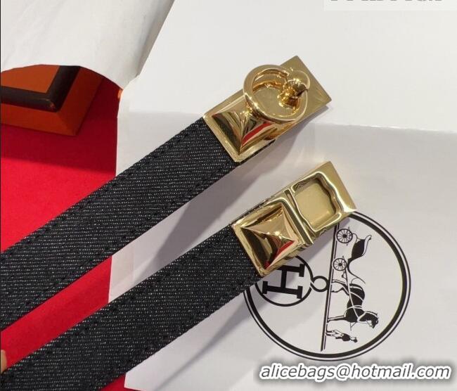 Luxury Cheap Hermes Rivale Denim Belt 1.8cm with Two Medor and Ring Buckle 8190 Black/Gold 2025