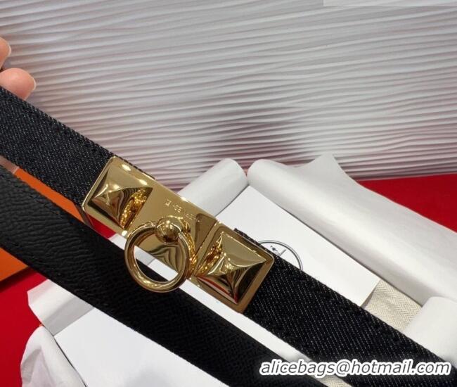 Luxury Cheap Hermes Rivale Denim Belt 1.8cm with Two Medor and Ring Buckle 8190 Black/Gold 2025