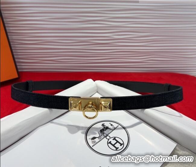 Luxury Cheap Hermes Rivale Denim Belt 1.8cm with Two Medor and Ring Buckle 8190 Black/Gold 2025