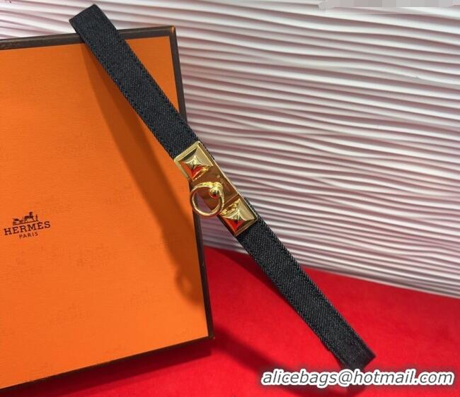 Luxury Cheap Hermes Rivale Denim Belt 1.8cm with Two Medor and Ring Buckle 8190 Black/Gold 2025