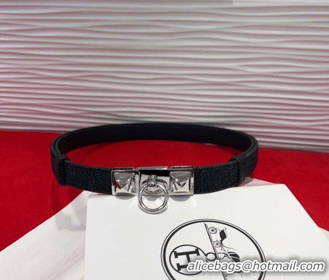 Famous Brand Hermes Rivale Denim Belt 1.8cm with Two Medor and Ring Buckle 8190 Black/Silver 2025