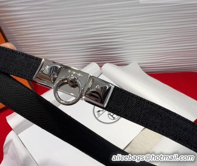 Famous Brand Hermes Rivale Denim Belt 1.8cm with Two Medor and Ring Buckle 8190 Black/Silver 2025