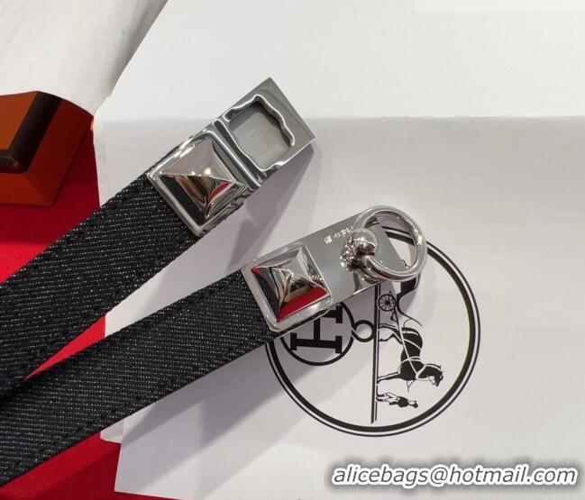 Famous Brand Hermes Rivale Denim Belt 1.8cm with Two Medor and Ring Buckle 8190 Black/Silver 2025